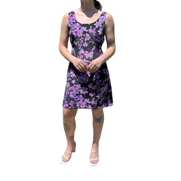 Vintage 90s Womens Purple Floral Tropical Hawaiian Mini Scoop Neck Dress Sz M - Picture 3 of 8